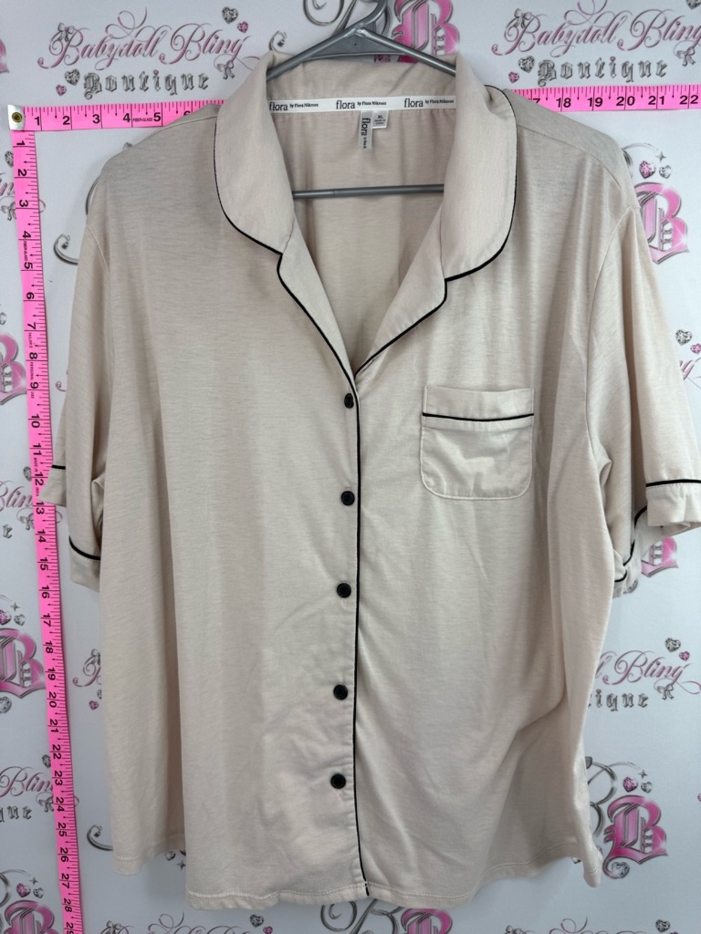 Flora Nikrooz T-shirt Beige Short-Sleeve Button-Up Pajama Top with Black Piping